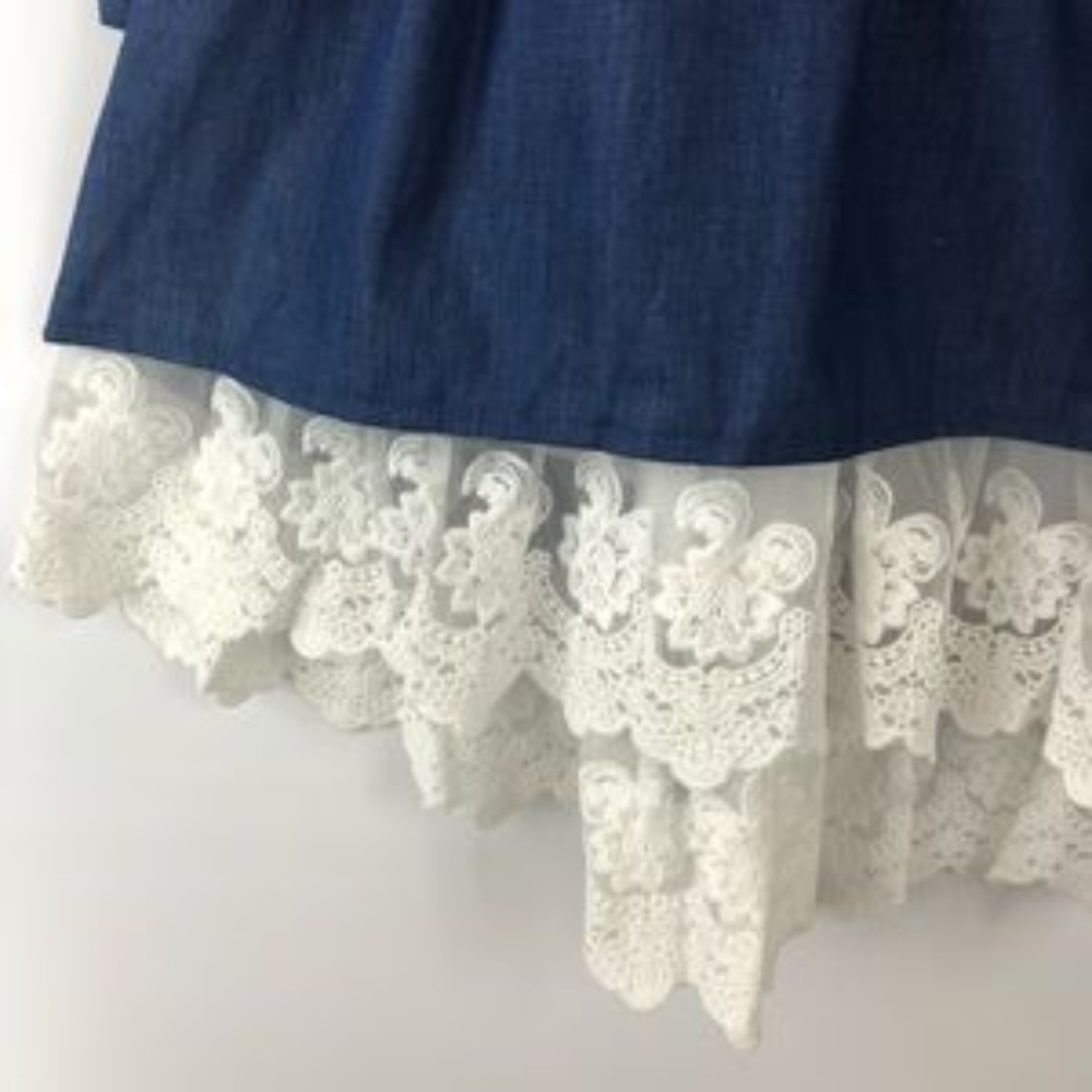 NWT Denim Chambray Lace Empire Waist Ruffle Ivory Lace Dress - Picture 6 of 8
